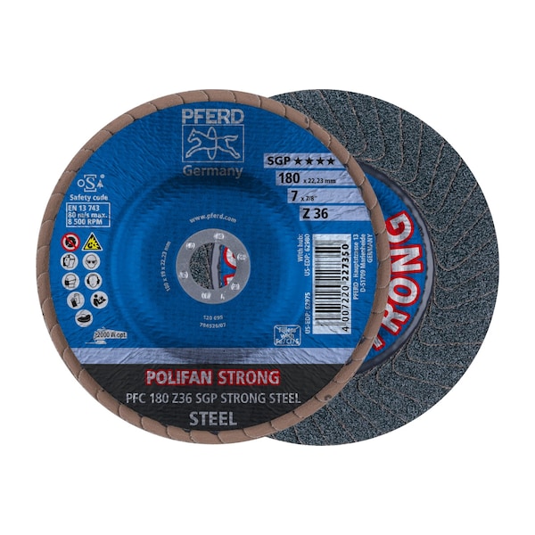 Pferd 7" x 7/8" A.H. POLIFAN Flap Disc - Z SGP STRONG STEEL, Zirconia, 36 Grit, Conical 62975 - main